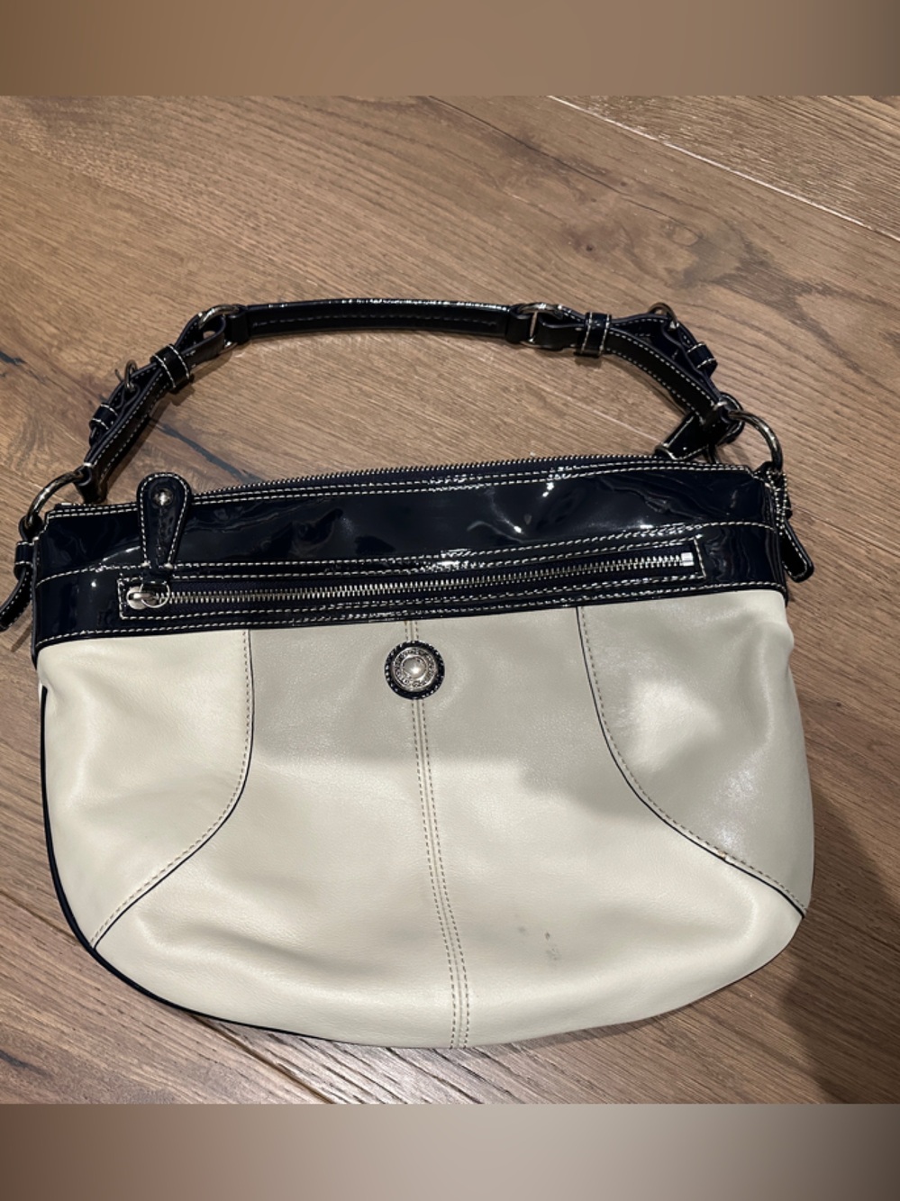 Coach Two-Tone Shoulder Bag in Ivory and Navy Patent Trim